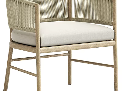 Modern Leisure Chair With Light Wooden Frame Woven Backrest And Beige Padded Seat 3d model
