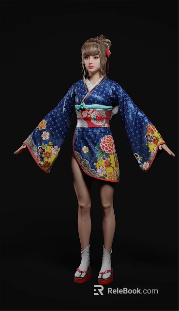 Elegant Woman Wearing Blue Kimono with Floral Patterns and Green Red Obi Against Black Background 3d model 