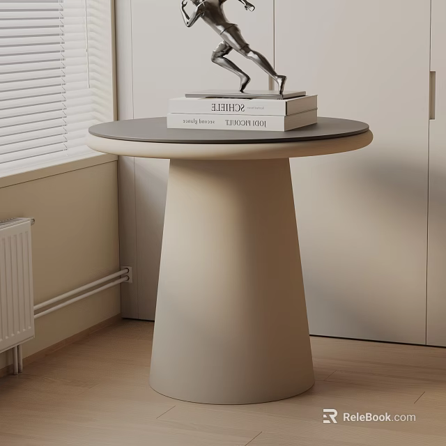 Modern Round Top Side Table with Beige Base and Stack of Books Near Window 3d model 