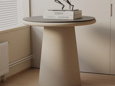 Modern Round Top Side Table with Beige Base and Stack of Books Near Window 3d model