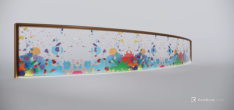 Artistic Modern Glass Railing Featuring Colorful Splatter Patterns And Golden Frame 3d model 