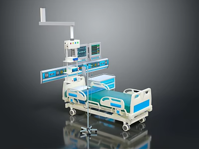 Hospital Medical Bed With Multiple Monitor Displays And Adjustable Equipment Arm 3d model