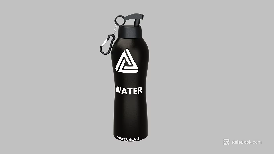 Black Water Bottle With Carabiner Lid White Triangle Logo And WATER Text 3d model 