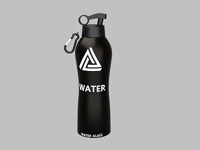 Black Water Bottle With Carabiner Lid White Triangle Logo And WATER Text 3d model