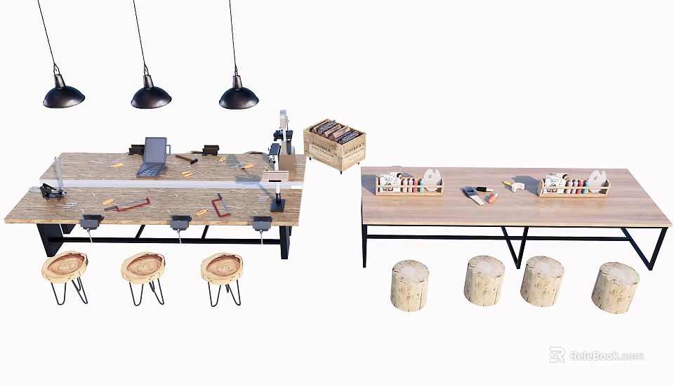 Functional Desk Workspace with Tools Laptop Wooden Stools and Pendant Lights 3d model 