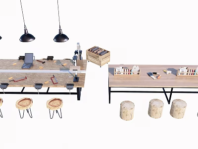 Functional Desk Workspace with Tools Laptop Wooden Stools and Pendant Lights 3d model