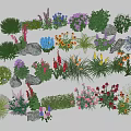 Colorful Various Flowers And Plants Arrangement With Green Shrubs And Stones