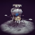 Vintage Lunar Lander Spacecraft With Blue Dome And Metal Legs On Gray Ground