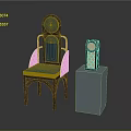 Wooden Chair With Blue Cushion Circular Backrest And Honeycomb Pattern Cabinet On Light Blue Stand