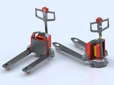 Two Red and Gray Manual Hydraulic Pallet Trucks with Forks Handles and Hydraulic System 3d model