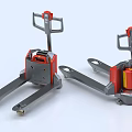 Two Red and Gray Manual Hydraulic Pallet Trucks with Forks Handles and Hydraulic System
