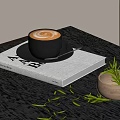Cup of Latte on Cafe Book with Rosemary in Wooden Bowl on Dark Table