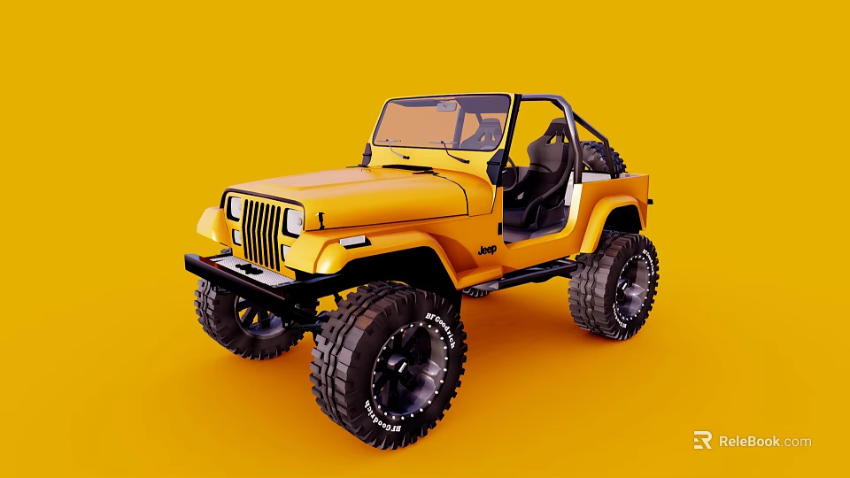 Yellow Open Top Jeep With Large Off Road Tires And Classic Design 3d model 