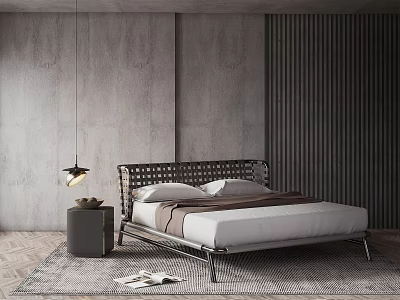 Modern Double Bed with Woven Headboard Grey Concrete Walls and Dark Slat Background 3d model