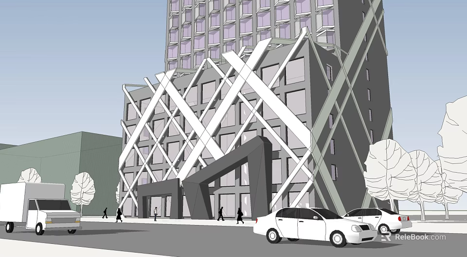 Modern Hotel Building With Geometric Facade Design In Urban Street Setting 3d model 