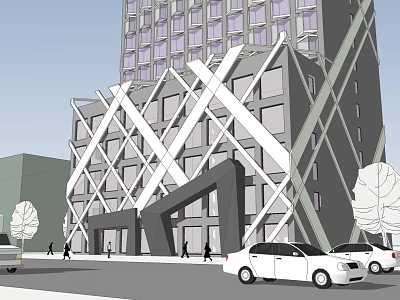 Modern Hotel Building With Geometric Facade Design In Urban Street Setting 3d model