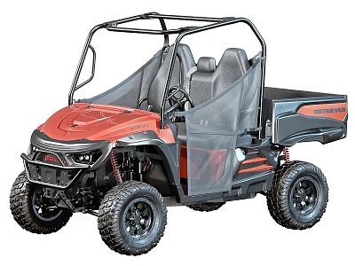 Red And Black Utility Vehicle With Four Seats Large Tires And Cargo Bed 3d model