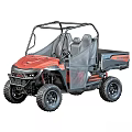 Red And Black Utility Vehicle With Four Seats Large Tires And Cargo Bed