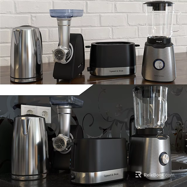 Modern Stainless Steel Kitchen Appliances With Kettle Meat Grinder Toaster And Blender On Countertop 3d model 