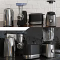 Modern Stainless Steel Kitchen Appliances With Kettle Meat Grinder Toaster And Blender On Countertop