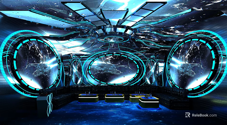 Futuristic KTV Interior With Space Themed Visuals And Neon Lighting 3d model 
