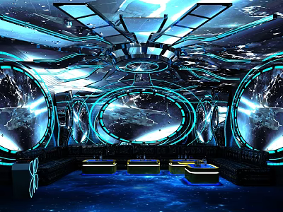 Futuristic KTV Interior With Space Themed Visuals And Neon Lighting 3d model