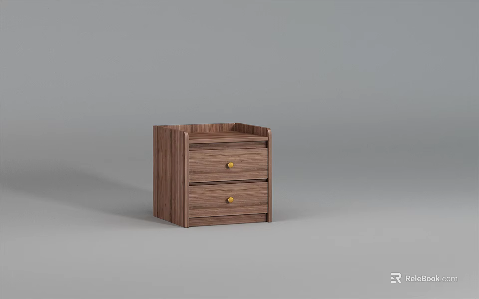 Simple Wooden Bedside Table With Two Drawers And Gold Knobs 3d model 