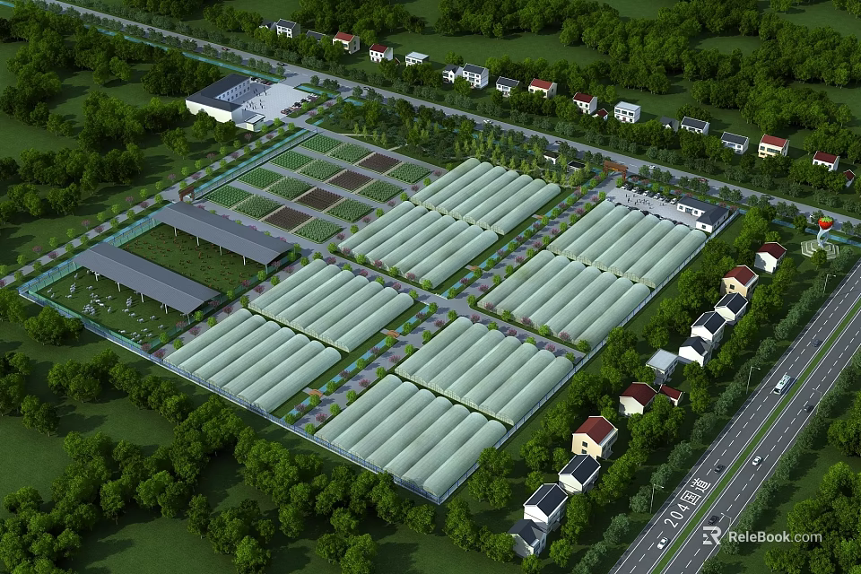 Garden Landscape With Greenhouses Lush Greenery Pathways And Surrounding Buildings 3d model 