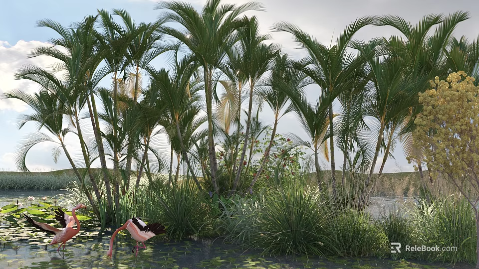 Scenic Lush Tropical Palm Trees and Green Grass with Flamingos in Water 3d model 