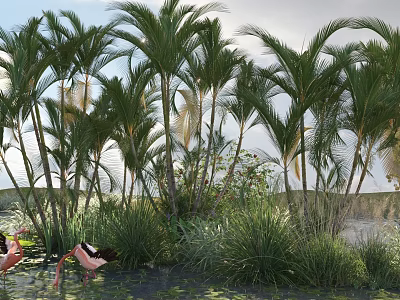 Scenic Lush Tropical Palm Trees and Green Grass with Flamingos in Water 3d model