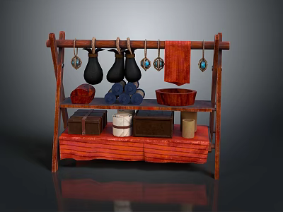 Multi tiered Wooden Storage Shelf With Hanging Hooks Red Towel Containers And Decorations 3d model
