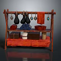 Multi tiered Wooden Storage Shelf With Hanging Hooks Red Towel Containers And Decorations