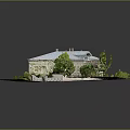 Cartoon Style Model House Scene With Gray Roof Green Lawn Trees And Pathway