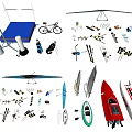 Different Types of Sports Equipment Including Skateboards Skis Bicycles and Tennis Rackets