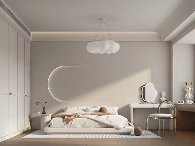 Modern Bedroom Interior With White Wardrobe Curved Accent Wall Cloud Pendant Light And Dressing Table 3d model