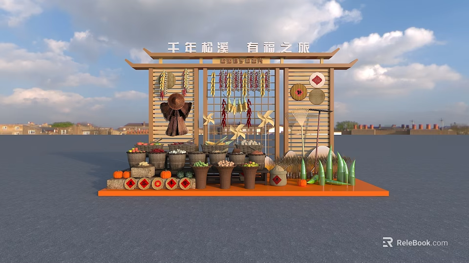 Traditional Folk Style Photo Spot With Dried Chili Peppers Windmills And Pumpkins 3d model 