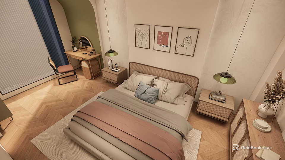 Cozy Kids Room Interior With Bed Nightstands Desk Chair Wall Paintings And Pendant Lights 3d model 