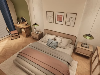 Cozy Kids Room Interior With Bed Nightstands Desk Chair Wall Paintings And Pendant Lights 3d model