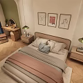 Cozy Kids Room Interior With Bed Nightstands Desk Chair Wall Paintings And Pendant Lights