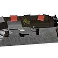 Beige Sectional Sofa Coffee Table Combination With Plush Cushions And Patterned Rug 3d model