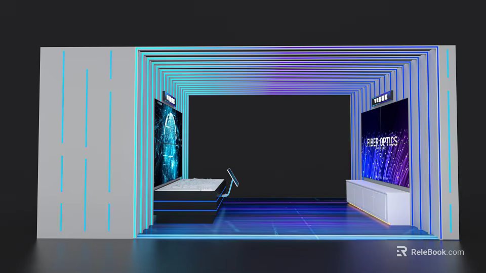 Modern Tech Event Display Wall Design With Blue Purple Lighting And Screens On Sides 3d model 