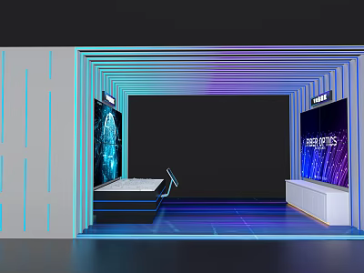 Modern Tech Event Display Wall Design With Blue Purple Lighting And Screens On Sides 3d model