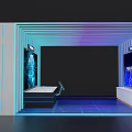 Modern Tech Event Display Wall Design With Blue Purple Lighting And Screens On Sides