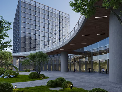 Modern Office Building Featuring Glass Curtain Wall Curved Walkway Greenery Courtyard And Pedestrians 3d model