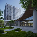 Modern Office Building Featuring Glass Curtain Wall Curved Walkway Greenery Courtyard And Pedestrians 3d model