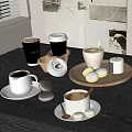 Coffee Drinks with Latte and Cappuccino in Various Cups and Pastries on Wooden Tray