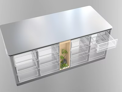 Modern Kitchen Island With Silver Countertop Transparent Drawers And Wooden Section With Small Plant 3d model