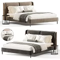 White and Orange Headboard Double Bed with Pillows Striped Blanket and Nightstand