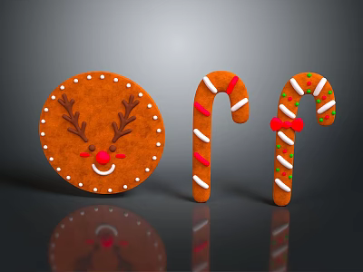 Antler Decorated Gingerbread Cookie With Smiley Face And Red White Striped Candy Canes With Icing 3d model