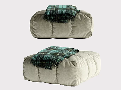 Light Gray Velvet Sofa Stools With Green Plaid Blanket For Living Room 3d model